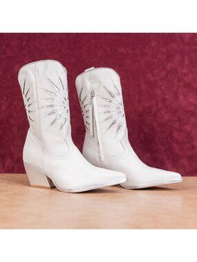 Golo Women Mae Sun Inlay White Silver Western Cowboy Leather Boots Size 7